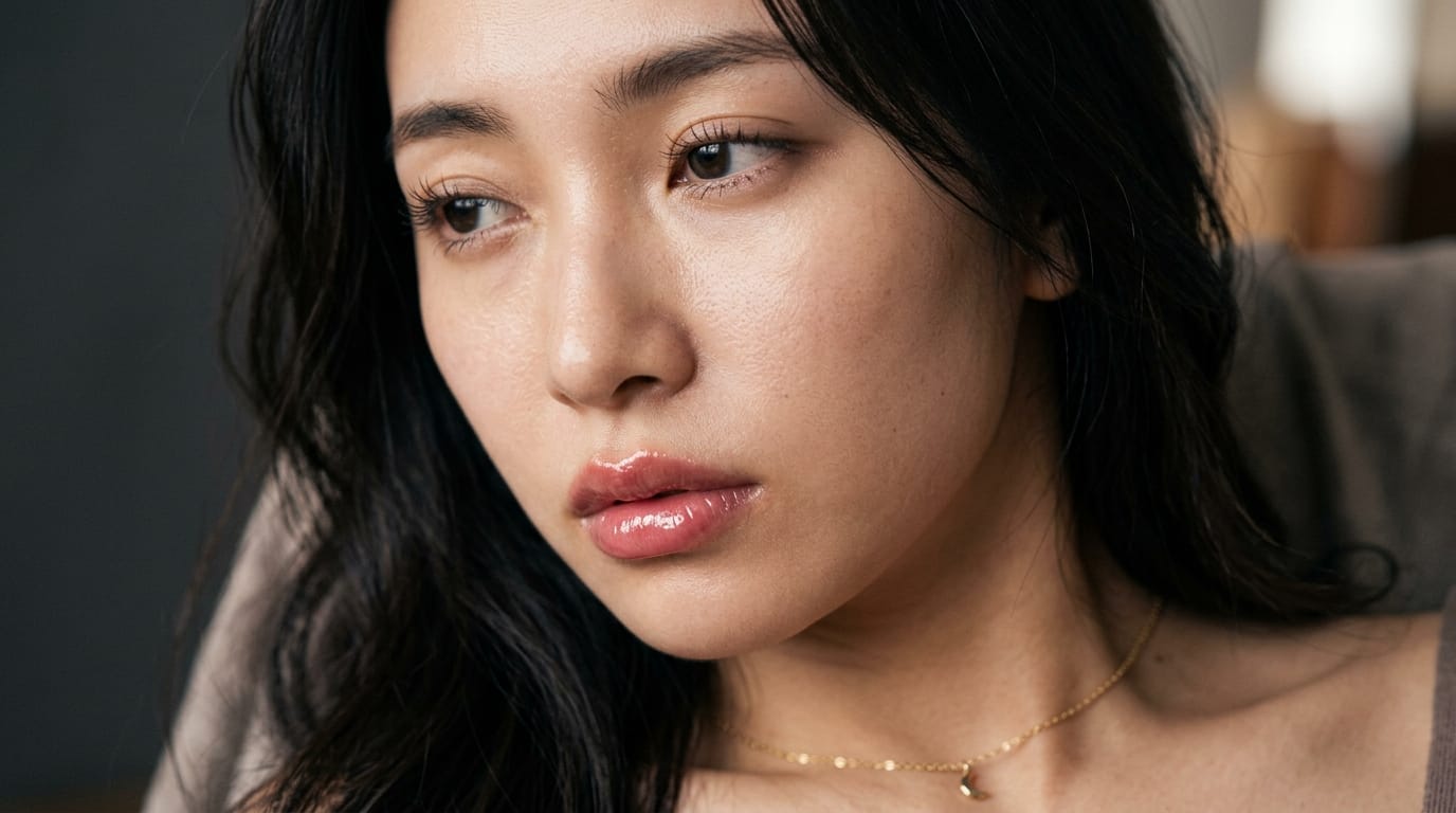 美しい女性の顔のクローズアップ、アンニュイな視線、濡れたような質感のリップ、繊細なゴールドのネックレス、スタジオのソフトボックス照明、マクロ撮影、極めて高い解像度