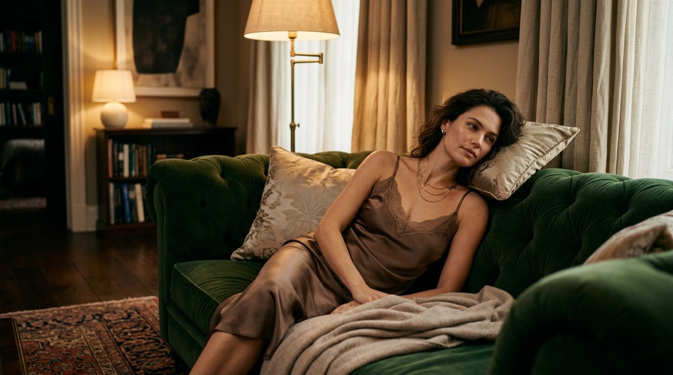 A woman relaxing on a luxury sofa, wearing a satin camisole, warm indirect lighting, relaxed and sensual expression, soft focus, high-quality fashion photography, rich textures