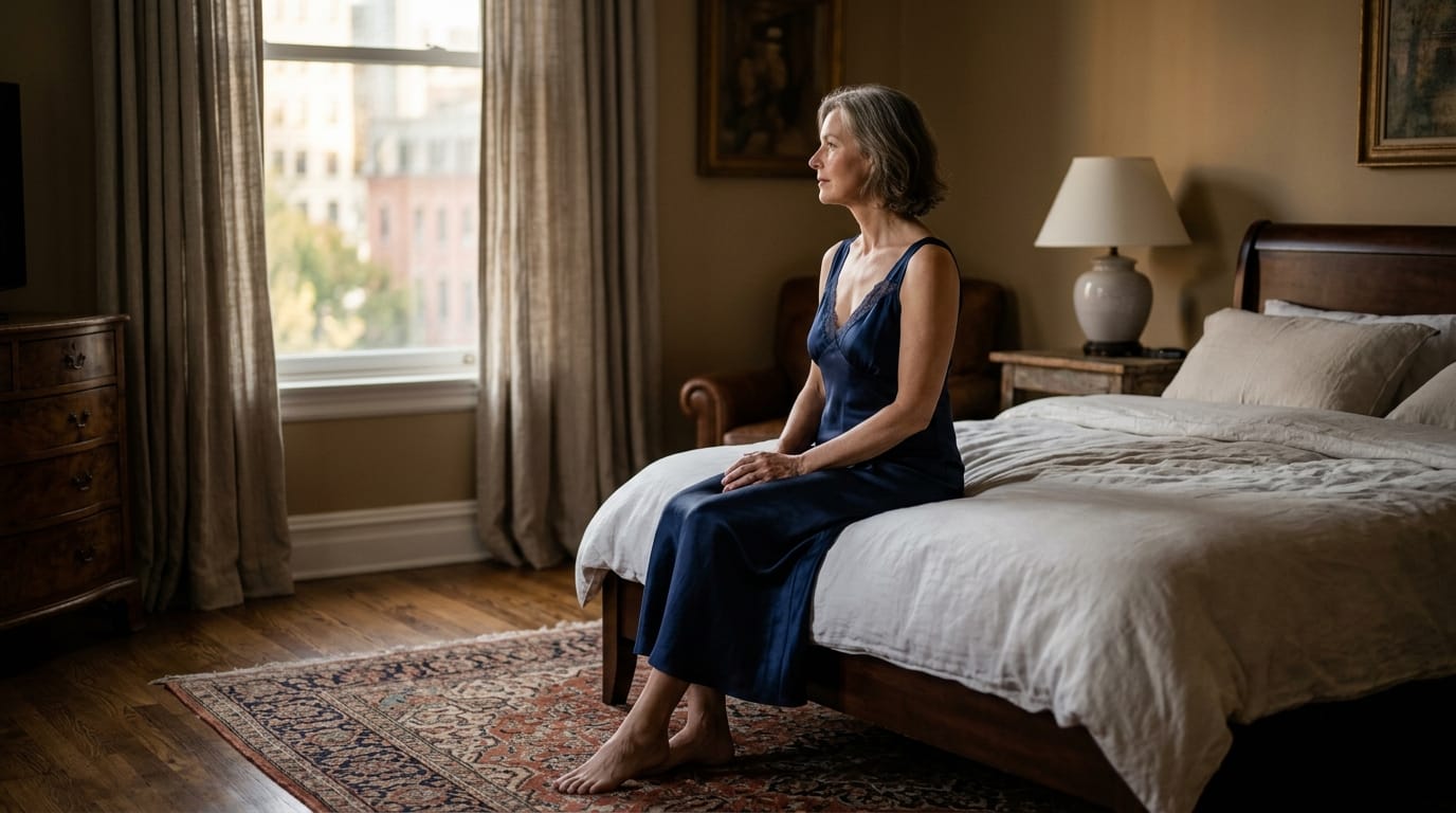 A cinematic portrait of a beautiful mature woman in a dimly lit hotel bedroom, morning sunlight filtering through the window, wearing a silk negligee, sitting on the edge of the bed looking out, soft natural lighting, shallow depth of field, photorealistic, elegant and sophisticated atmosphere