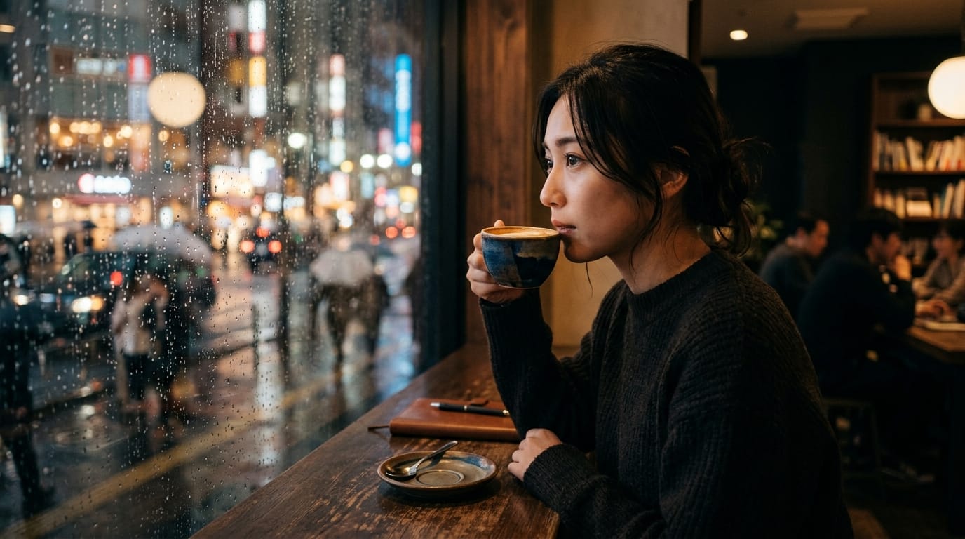 雨の日のカフェの窓際、コーヒーカップを持つ女性の横顔、ガラス越しの街の灯り、落ち着いたトーン、シネマティックなカラーグレーディング、ノスタルジックで大人びた雰囲気、クリアな瞳