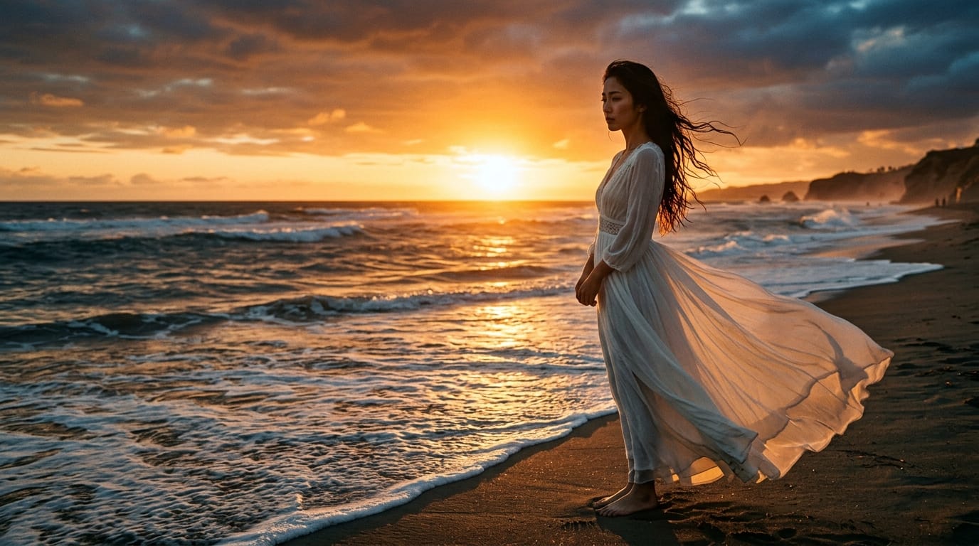夕暮れの海辺に立つエレガントな女性、風になびく白いシフォンドレス、濡れた髪、夕日によるオレンジ色の逆光、リムライト、メランコリックな表情、フィルムカメラで撮影されたような質感、エモーショナルなポートレート