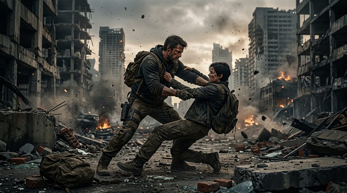 A highly detailed cinematic concept art of two survivors grappling in a ruined city, realistic anatomy, intense dynamic pose, dust and debris in the air, highly realistic lighting