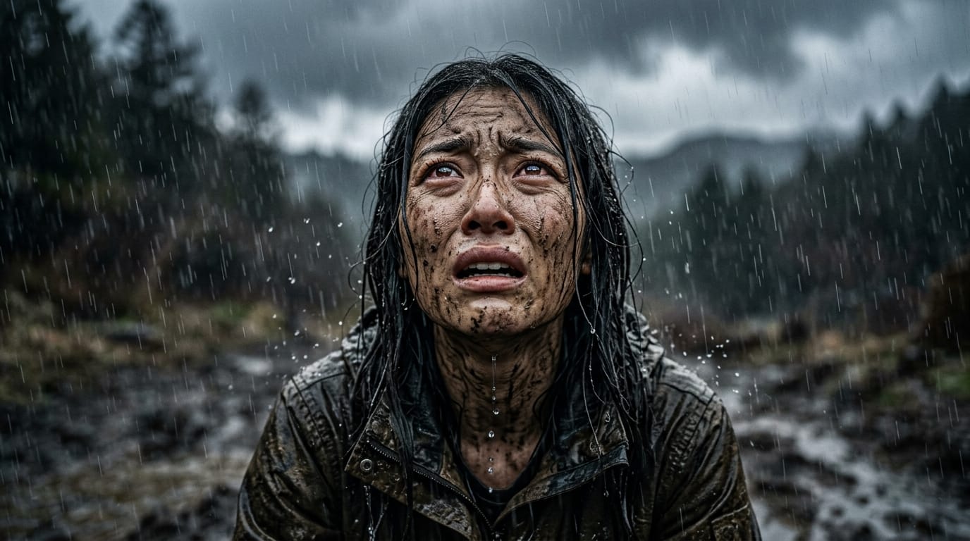 激しい雨の中、泥だらけの顔で空を見上げる人物のポートレート。極端な表情と顔の筋肉のディテール、水滴の反射がリアルに表現されている、高い被写界深度（ボケ量）、フォトリアル。