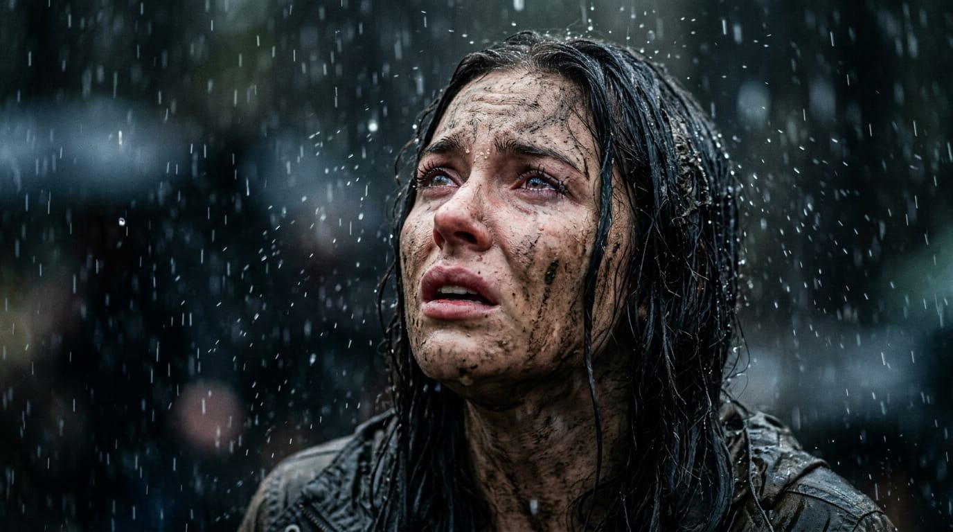 A hyper-realistic close-up portrait of a person looking up in heavy rain, face covered in mud, extreme emotional expression, realistic water droplets reflecting light, shallow depth of field