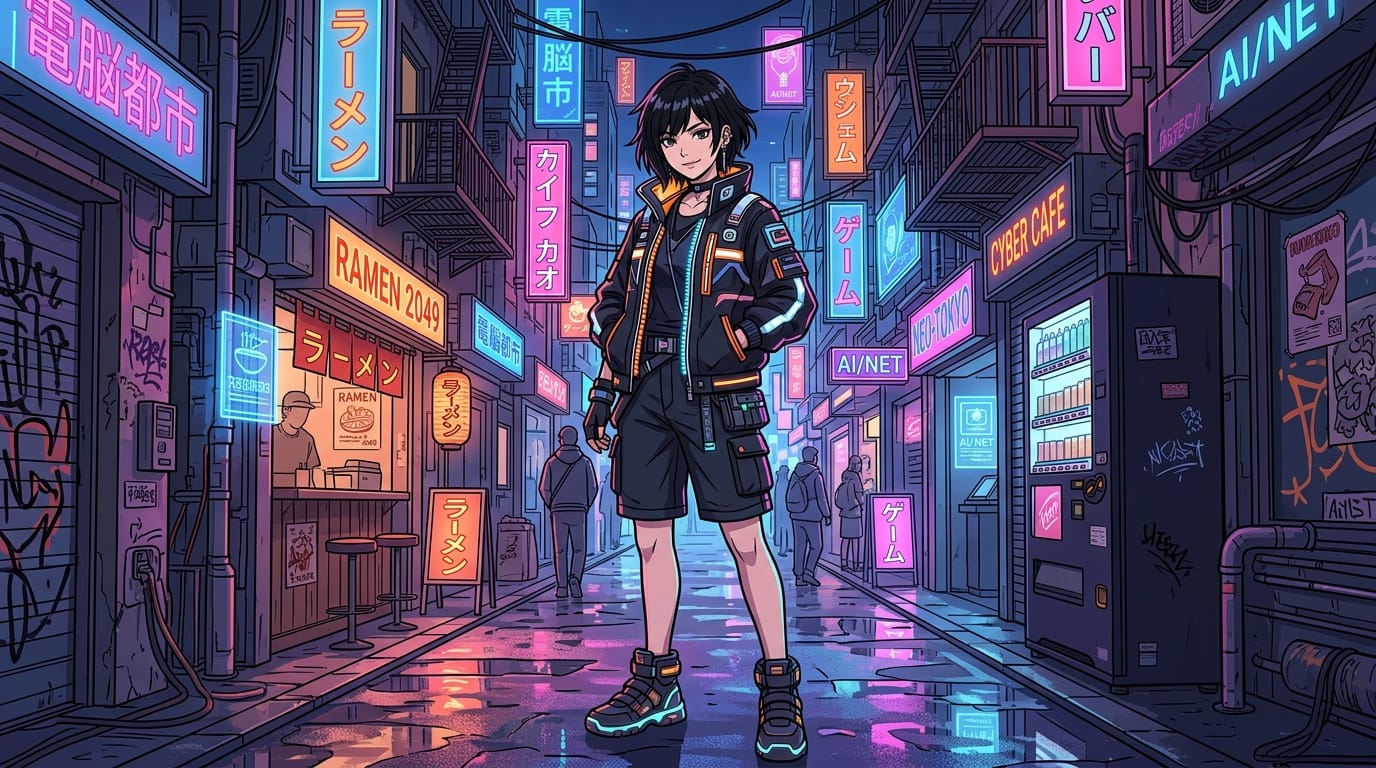 2D anime style, cell shading, flat colors, clear outlines, a young female character with short black hair wearing a futuristic streetwear jacket, standing in a brightly lit cyberpunk alleyway, neon signs, detailed background, anime visual, high quality, masterpiece