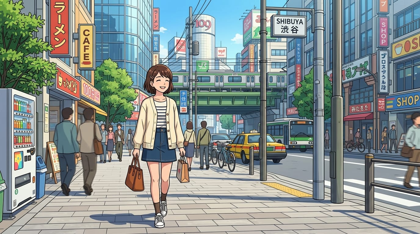 anime style, cell shading, flat colors, clear outlines, a young woman walking in a sunlit modern city street, highly detailed background, anime visual
