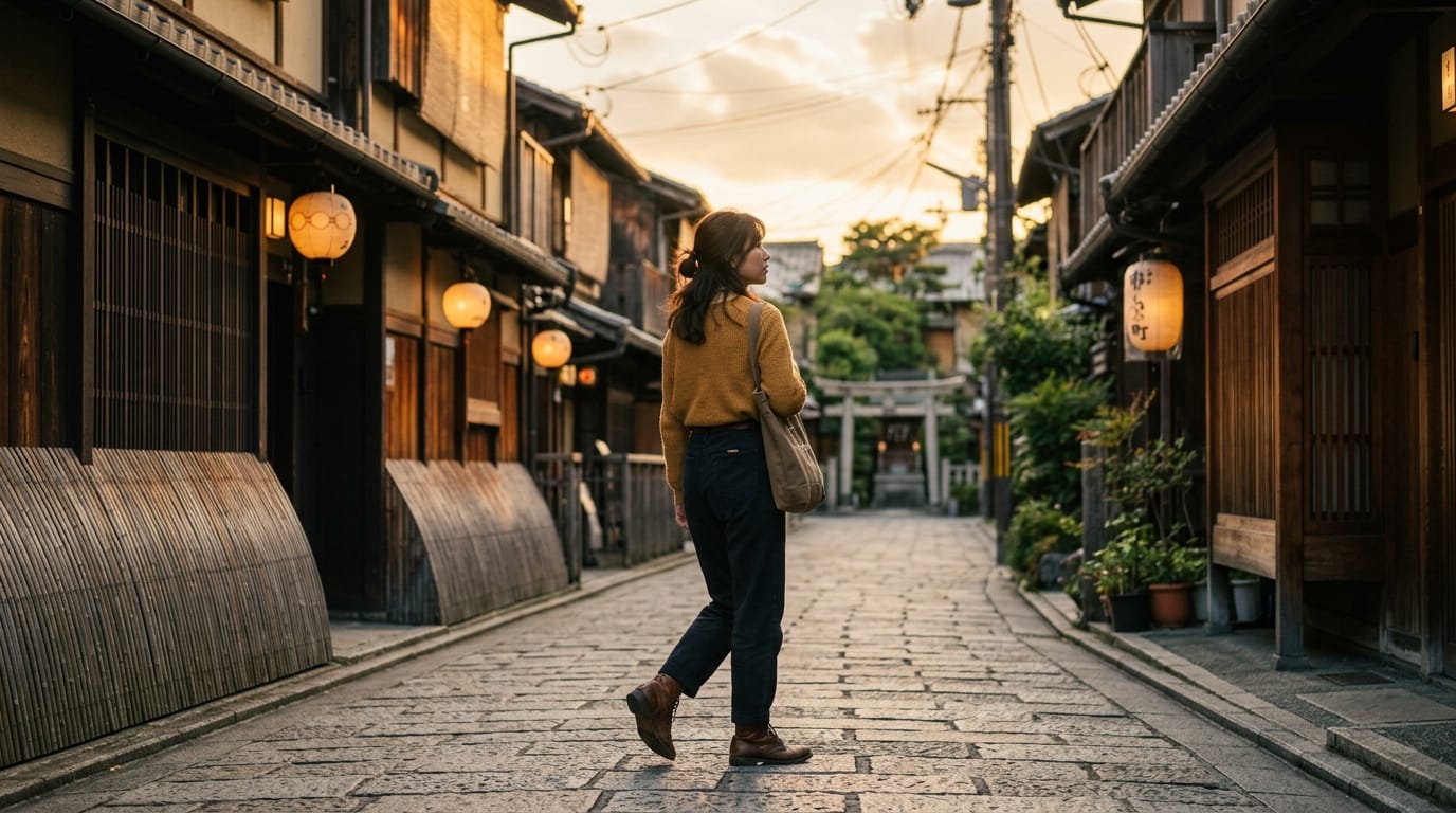 A cinematic video still of a young woman walking in a quiet Japanese street during golden hour, shot on 35mm film, subtle film grain, soft focus, nostalgic vintage color grading, analog photography style.