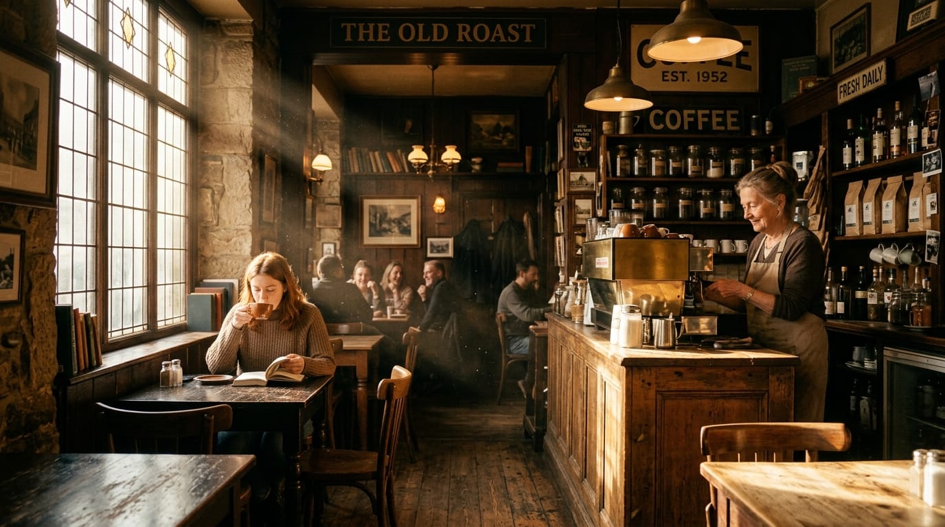 A cinematic video still of an old coffee shop interior, warm sunlight filtering through the window, dust particles in the air, shot on 35mm film, vintage aesthetic, film grain, analog photography.