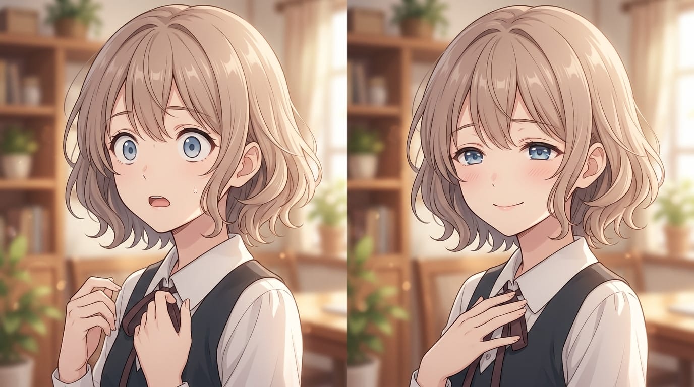 （参考画像を使用）キャラクターが最初は驚いたように目を見開き、その後、安堵したように優しく微笑む。繊細なアニメ調表現、被写界深度（ボケ量）を浅くして顔にフォーカス。