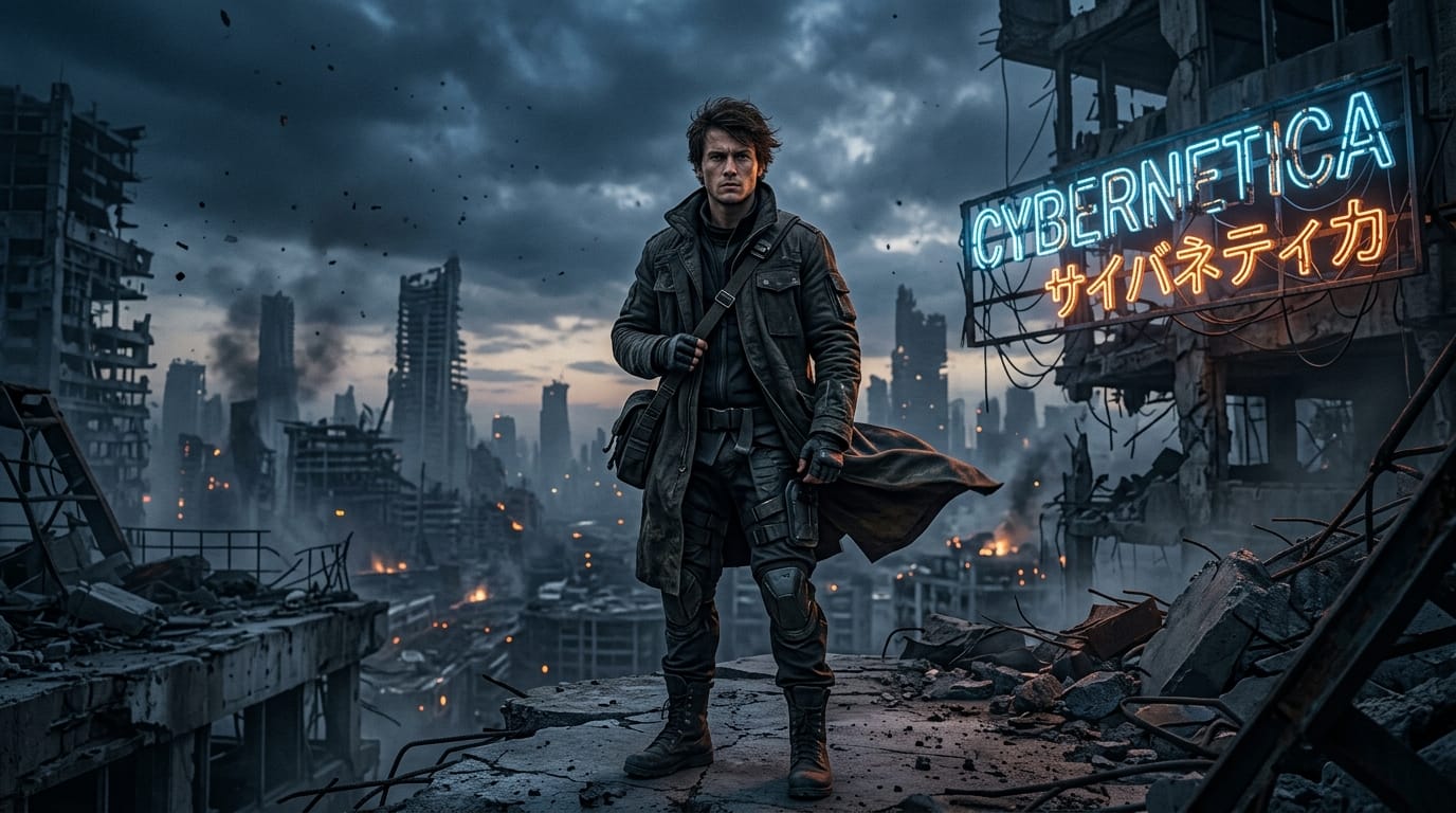A young male protagonist standing in a ruined futuristic city, looking forward with a determined expression. His coat sways in the wind, and a crumbling neon sign flickers in the background. Cinematic lighting, highly detailed.