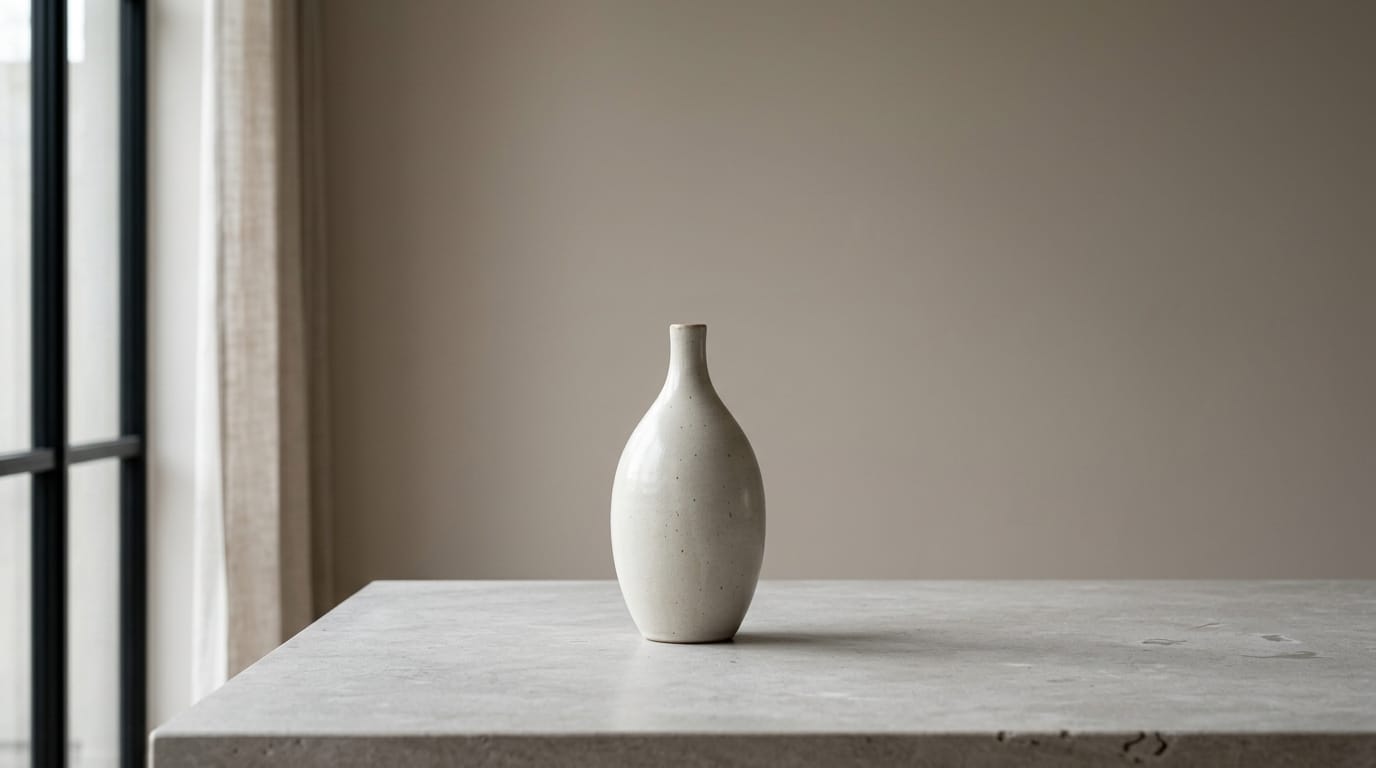 Minimalist photography of a single sleek ceramic vase on a smooth stone table, soft window light, vast negative space, neutral color palette, photorealistic, highly detailed, 8k --ar 16:9 --v 6.0 --style raw