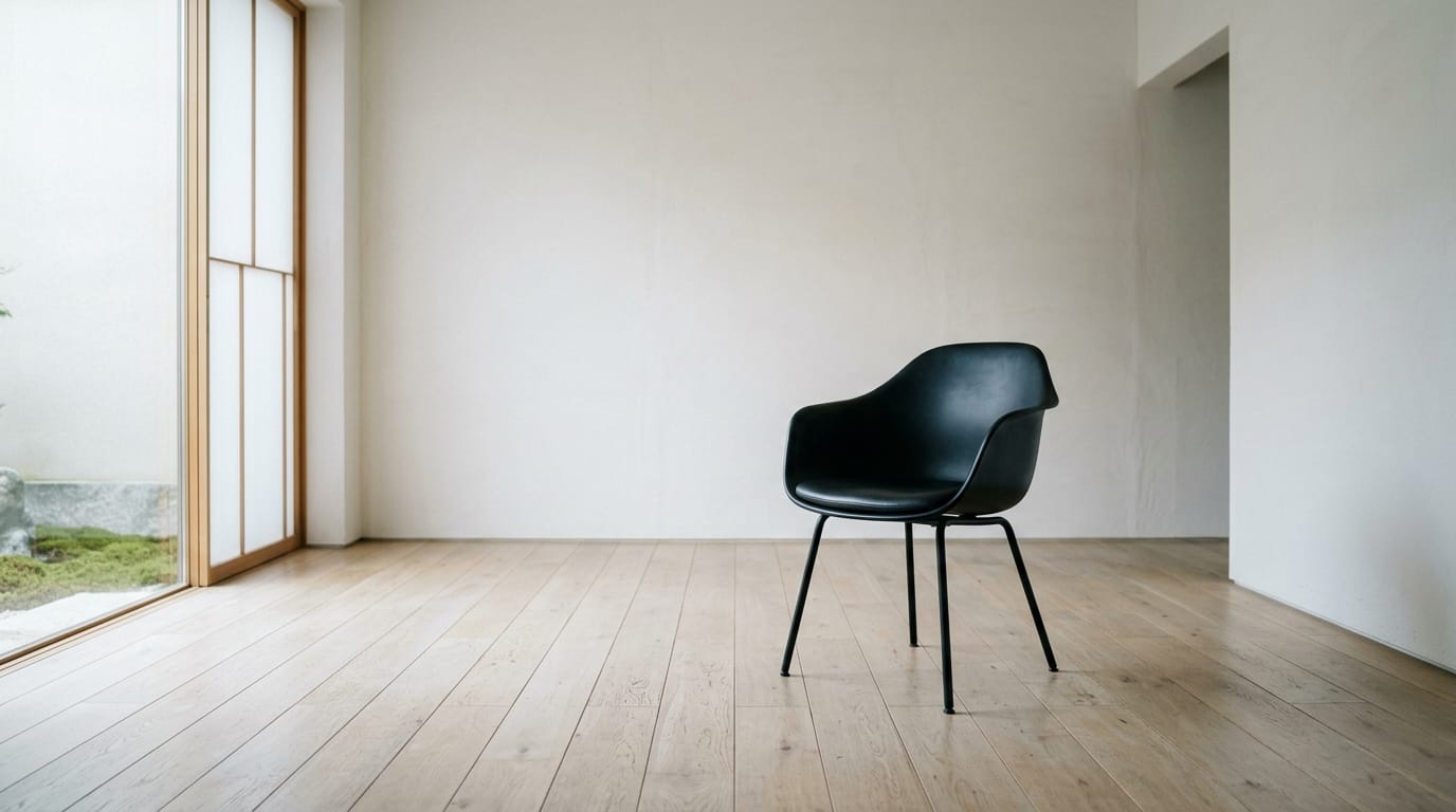 Minimalist interior design, one modern black chair in an empty white room, soft diffused lighting, cinematic composition, highly detailed textures, zen atmosphere --ar 4:3 --v 6.0
