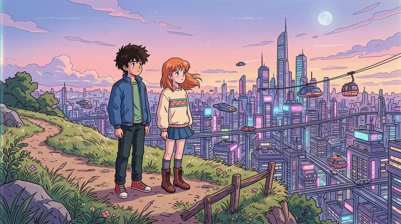 1990s retro anime style, cel shading, a young boy and girl standing on a hill overlooking a futuristic city, nostalgic sci-fi atmosphere, pastel colors, soft VHS noise effect, flat lighting, highly detailed background