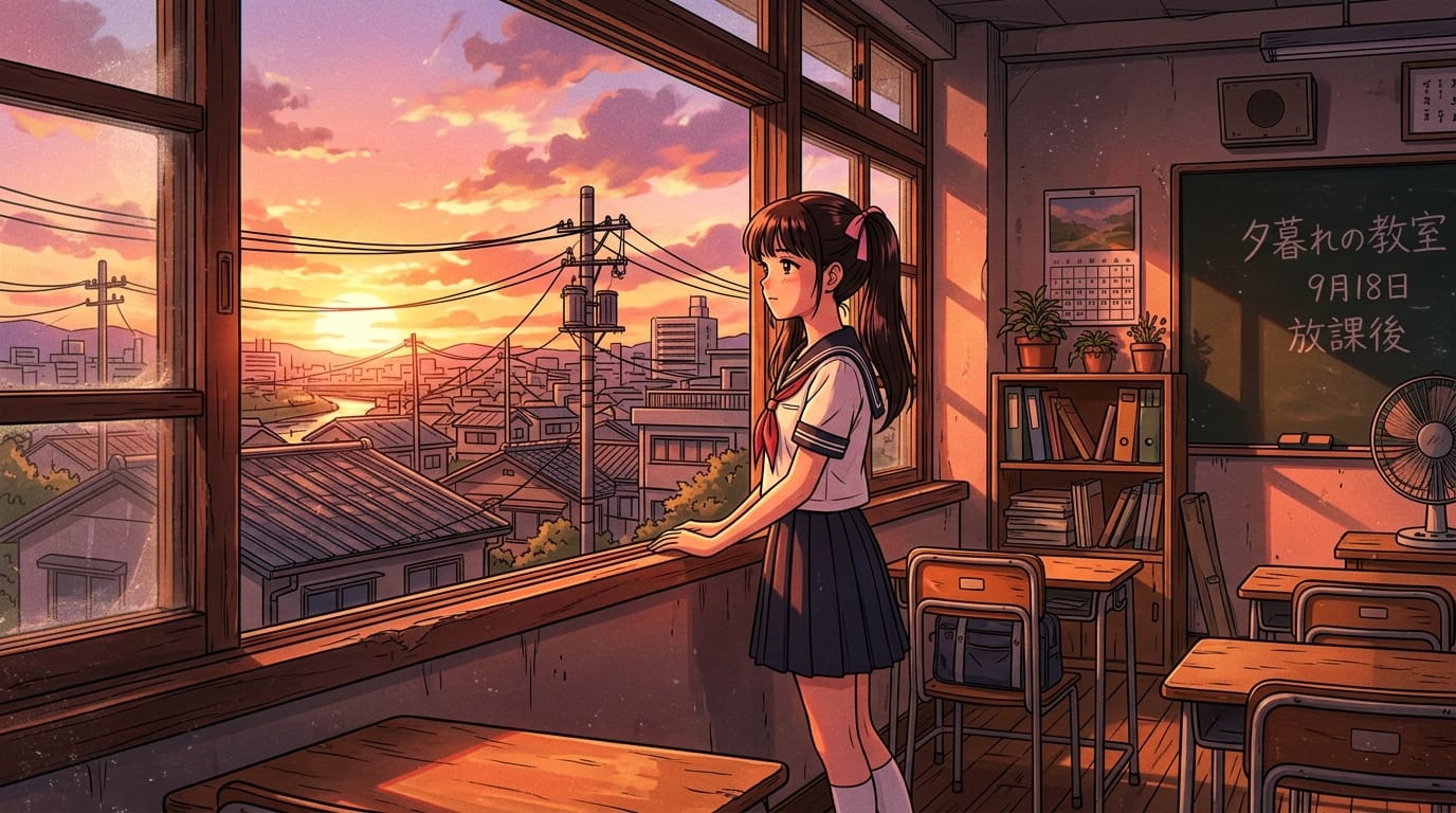 1990s retro anime style, cel shading, a young girl with twin tails looking at the sunset from a classroom window, nostalgic atmosphere, pastel colors, soft VHS noise effect, highly detailed background