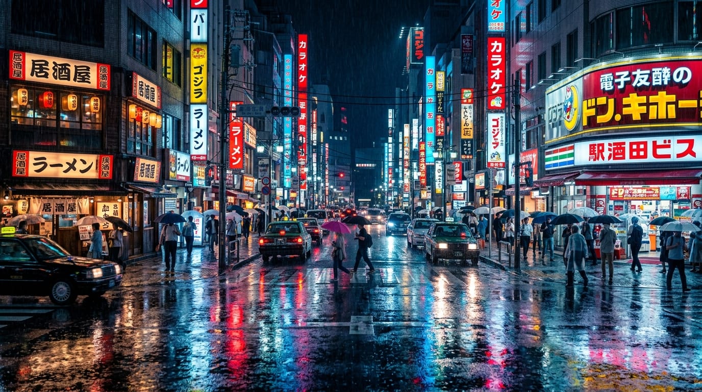 映画のような照明、雨が降る夜のネオン街をドローンで空撮するドローイングショット、路面の水たまりに反射する鮮やかな光、被写界深度（ボケ量）が深い、シネマティック、8k解像度、実写的なリアルさ