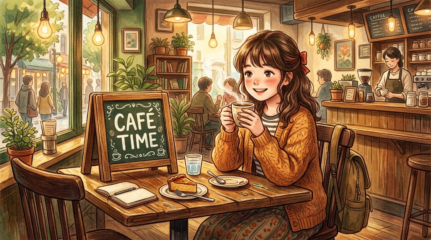 手描き感のあるリッチな画風。カフェでコーヒーを飲む少女。テーブルの上の看板に「CAFE TIME」と書かれている。温かみのある色彩。