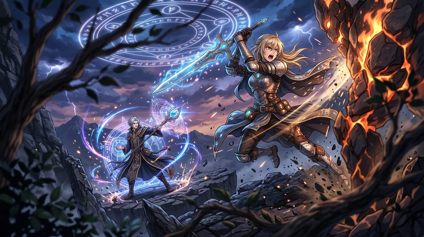 繊細で緻密なアニメ調表現。ファンタジー世界での魔法戦闘シーン。手前のオブジェクトを使った前ボケを活用し、剣を振るう戦士と後方で魔法を詠唱する魔術師をダイナミックな下からのアングルで描画。