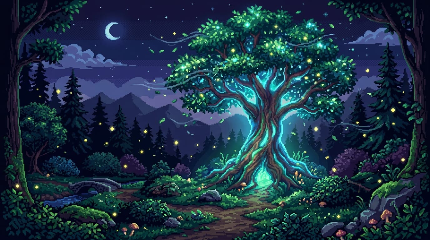 Pixel art animation of a fantasy landscape, a glowing magical tree in the center of a dark forest, fireflies floating around, 8-bit retro style, gentle wind blowing the leaves