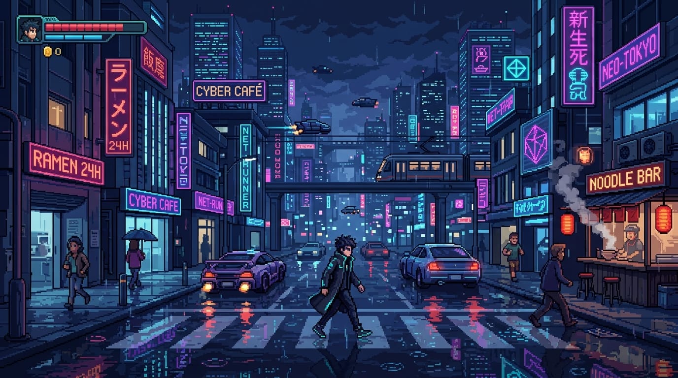 A short video scene in 16-bit pixel art style, showing a cyber city at night with neon lights reflecting on wet streets, a character walking, retro indie game aesthetic, smooth animation