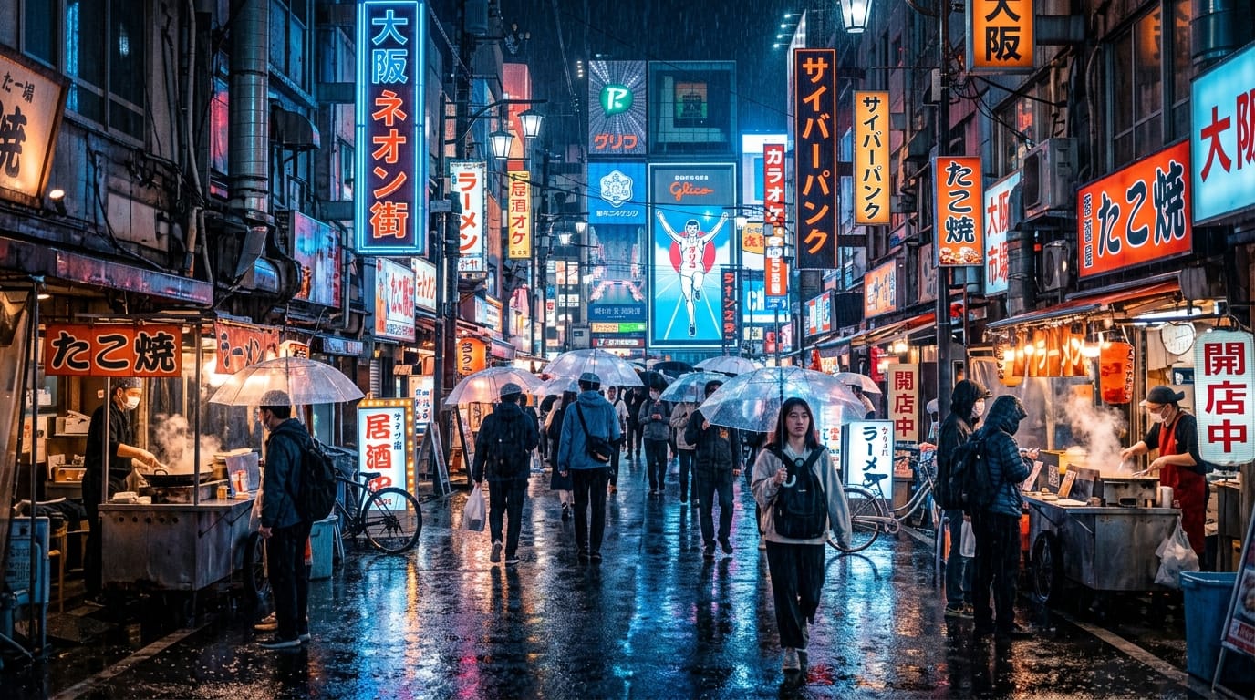 A photorealistic wide shot of a futuristic cyberpunk street market in Osaka, rain pouring down, people walking with transparent umbrellas, glowing neon signs with clear Japanese text, reflections on the wet asphalt, highly detailed, cinematic lighting, realistic architectural details