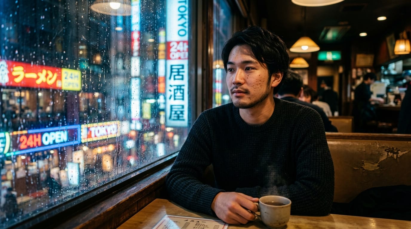 A photorealistic close-up portrait of a young Japanese man sitting in a dimly lit Tokyo diner at night, cinematic lighting from neon signs outside reflecting on the wet window, shot on 85mm lens, f/1.4, shallow depth of field, highly detailed skin texture, raw photo style