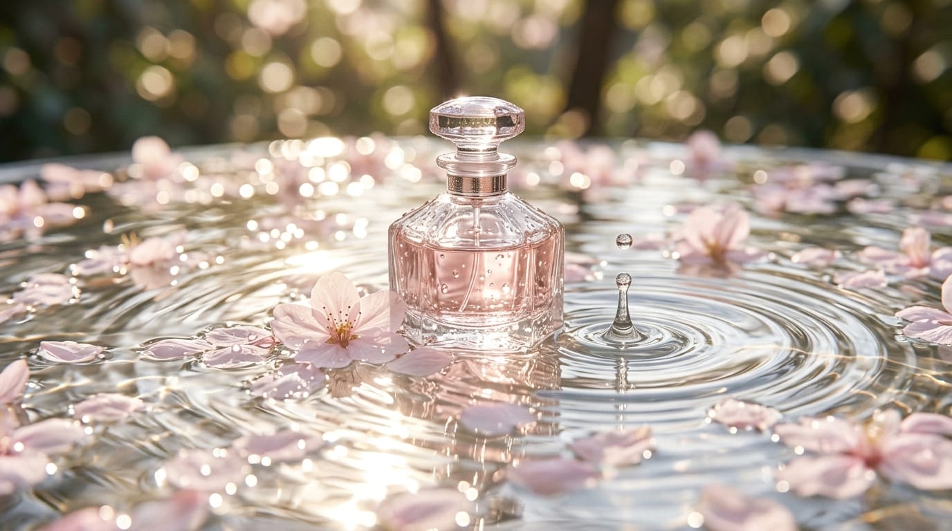水面に浮かぶ淡いピンク色の花びらと、その中心に置かれたエレガントなガラスの香水瓶。水滴が落ちて美しい波紋が広がり、太陽の光がキラキラと反射する。カメラはマクロ撮影で香水瓶の透明感を捉えながらゆっくりと上昇する。透明感のある環境音と優雅なピアノの旋律。