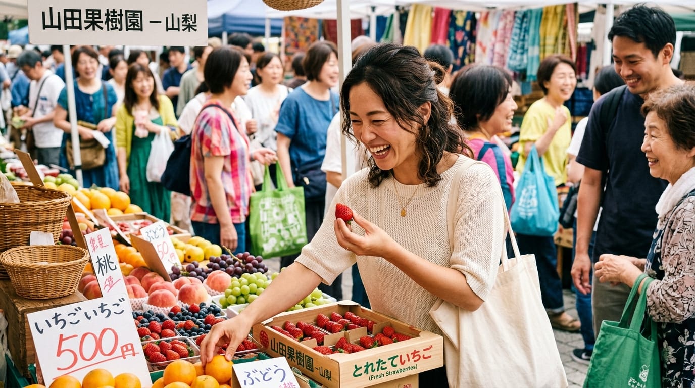 活気ある休日のマルシェで、新鮮なフルーツを選びながら笑顔を見せる女性。手持ちカメラのような自然な揺れがあり、ドキュメンタリータッチのリアルな質感が表現されている。周囲の人々の楽しげな話し声と軽快なポップミュージック。