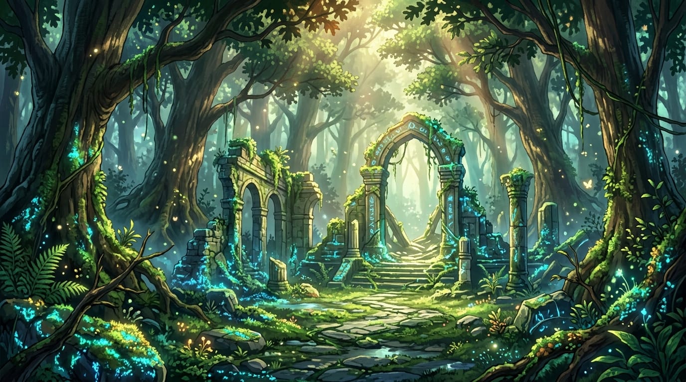 mystical forest ruins covered in glowing moss, sunlight filtering through ancient trees, rich hand-drawn anime style, clear edge reflections, beautiful depth of field, high resolution