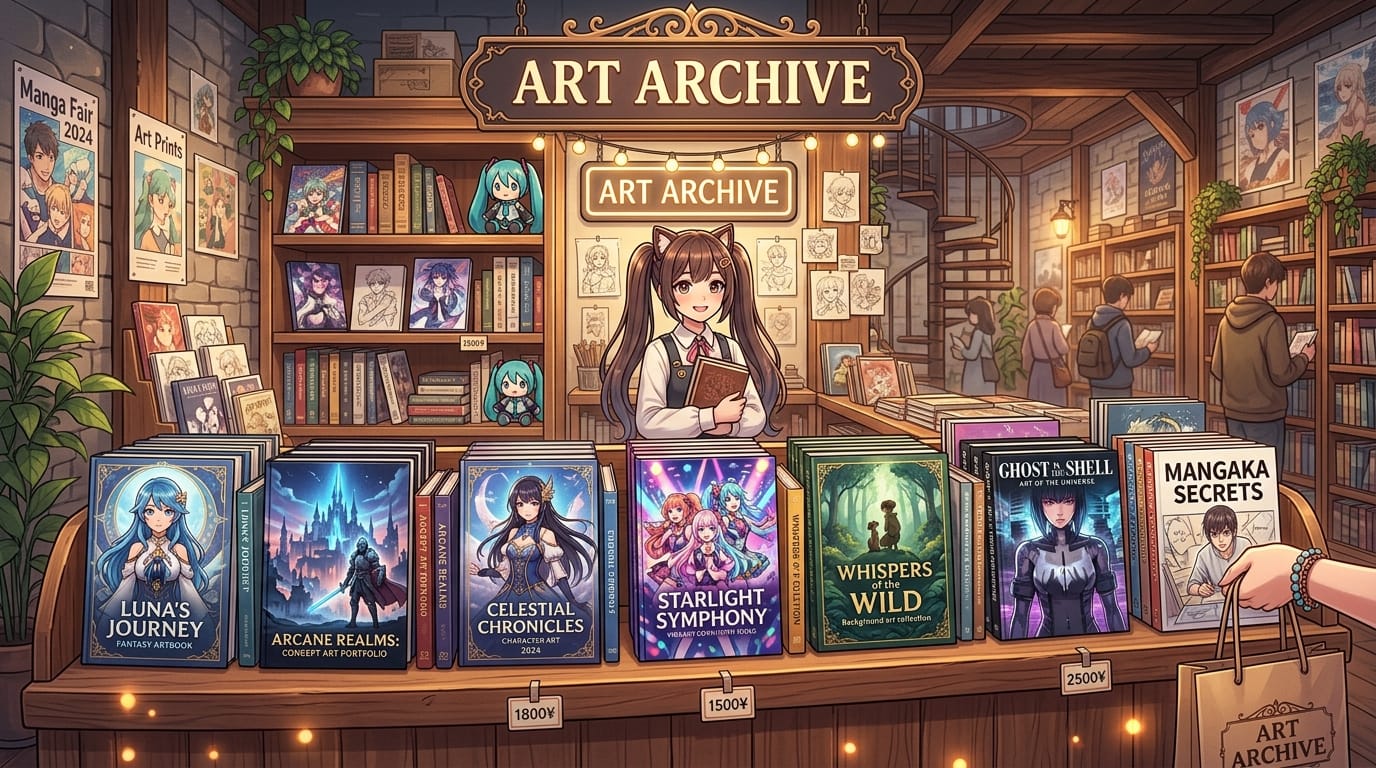a digital storefront displaying various high-quality anime style illustration books and concept art portfolios, bright and inviting atmosphere, delicate anime style, detailed background