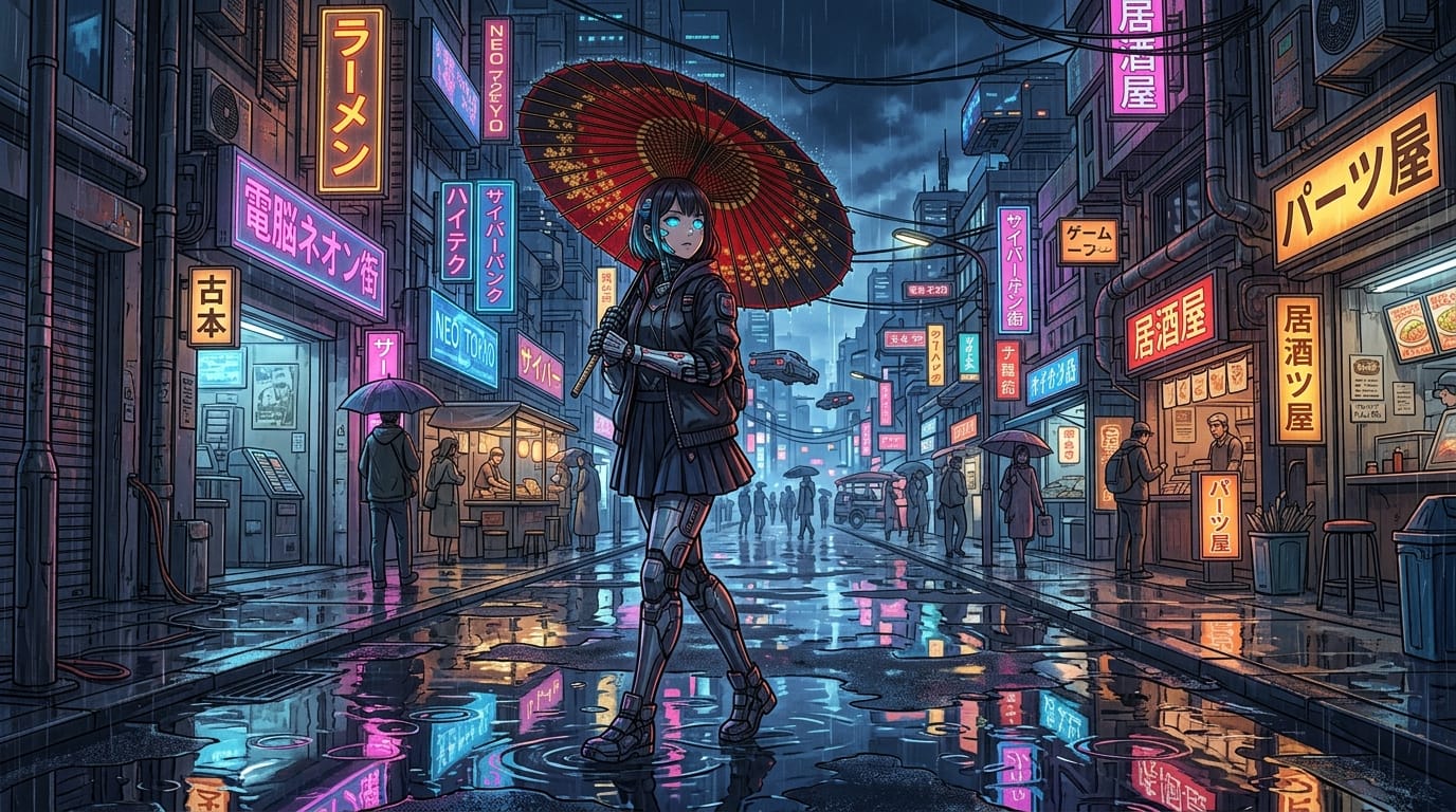 近未来のサイバーパンク都市、雨上がりのネオン街、和傘を差したサイボーグの少女、水たまりに反射する光、繊細で緻密なアニメ調表現、背景の小道具が詳細、シャープなディテール