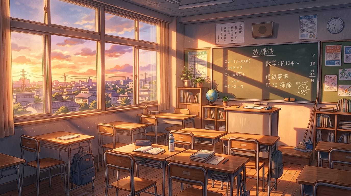 放課後の教室、夕暮れ時の美しい光、窓から差し込むオレンジ色の夕日、黒板、机と椅子、手描き感のあるリッチな画風、背景の小道具が詳細