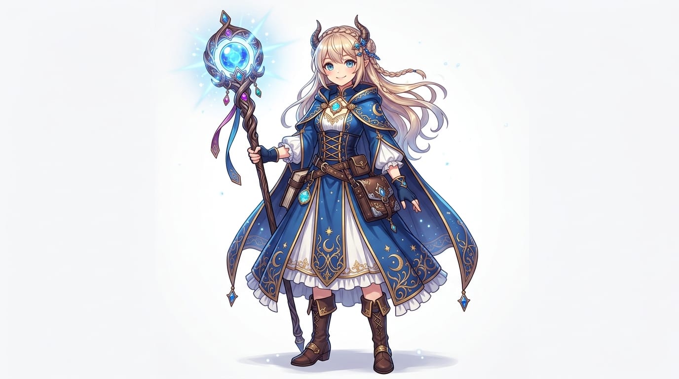正面を向いて微笑むファンタジー風の魔法使いの少女、青いローブ、杖を持つ、白背景、ゲームの立ち絵スタイル、正確な人体構造、高画質