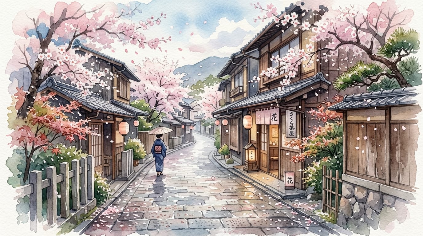 A beautiful watercolor painting of a quiet Japanese street in spring, cherry blossoms gently falling, soft pastel colors, watercolor paper texture, color bleeding, highly detailed, serene atmosphere