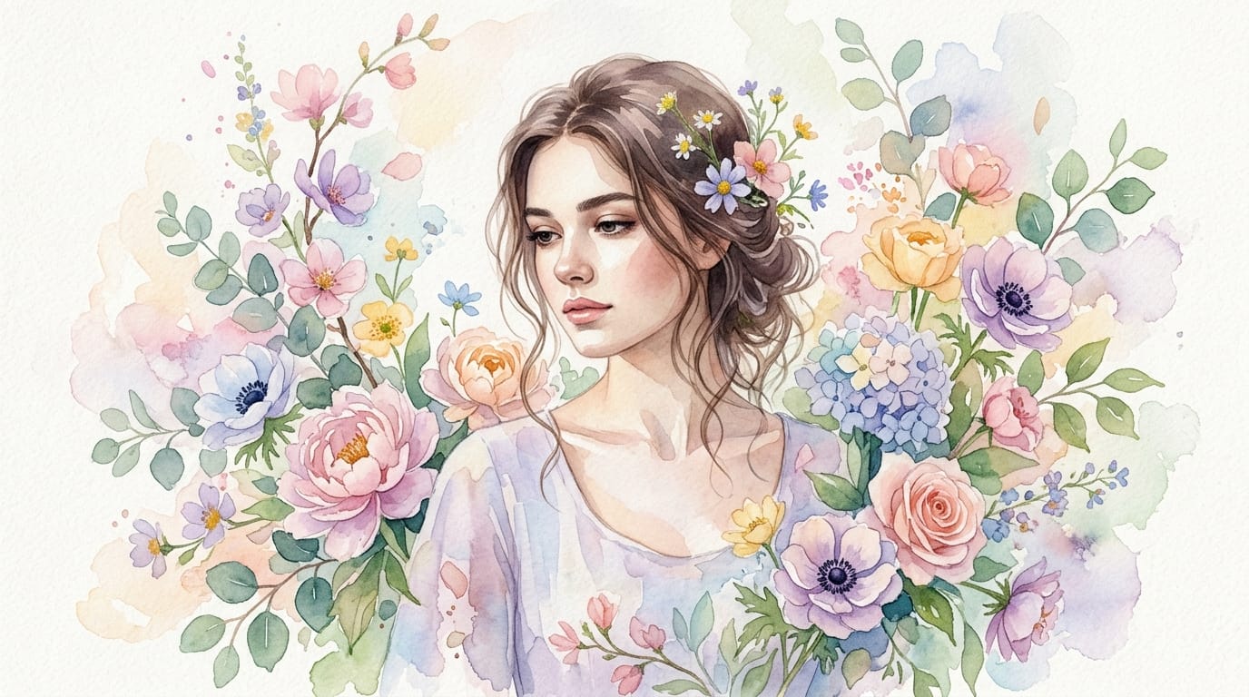 A delicate watercolor portrait of a young woman surrounded by blooming floral elements, soft pastel color palette, transparent layers, wet-on-wet technique, visible watercolor paper texture, gentle natural light, artistic and expressive style