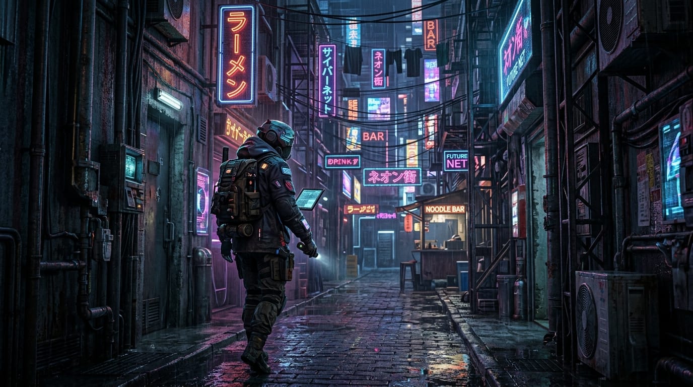 Cinematic concept art, hyper-realistic, a lone explorer in a futuristic cyberpunk alleyway, neon lights, highly detailed, photorealistic, 8k resolution, cinematic lighting, shot on 35mm lens