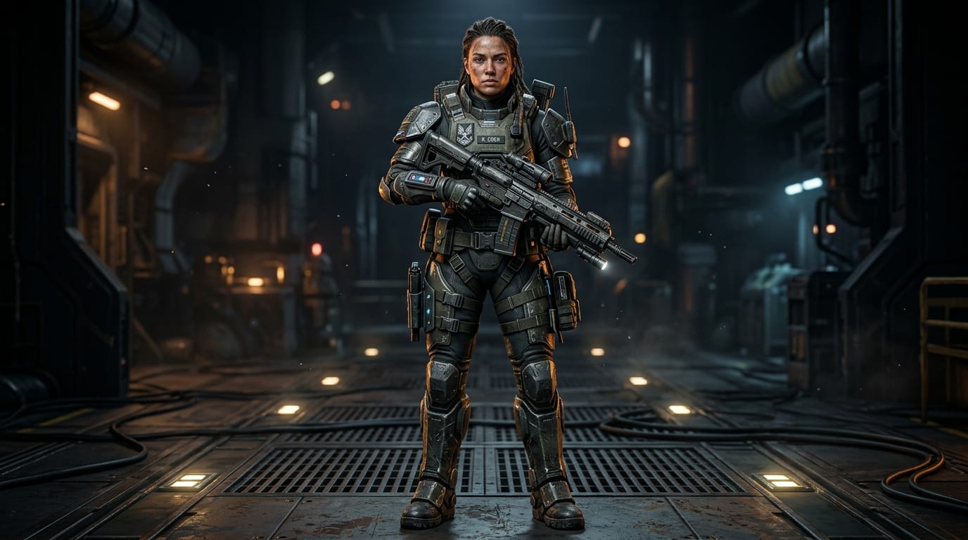 Character concept art, photorealistic full body shot of a female sci-fi soldier, futuristic tactical armor, detailed fabric and metal textures, cinematic studio lighting, dark background, 8k, highly detailed face, realistic skin texture