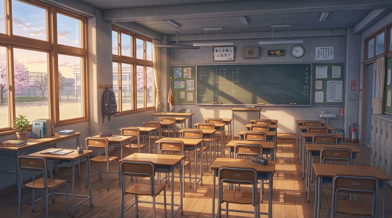 A quiet modern Japanese classroom after school, empty desks, sunlight streaming through large windows, chalk dust in the air, nostalgic atmosphere, highly detailed anime style background, soft lighting