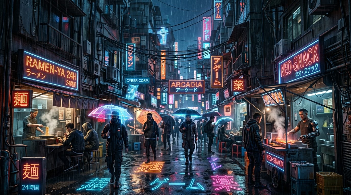 A bustling cyberpunk alleyway at night, neon signs reflecting on wet pavement, futuristic street vendors, dense cables hanging from buildings, heavy rain, cinematic lighting, highly detailed environment design