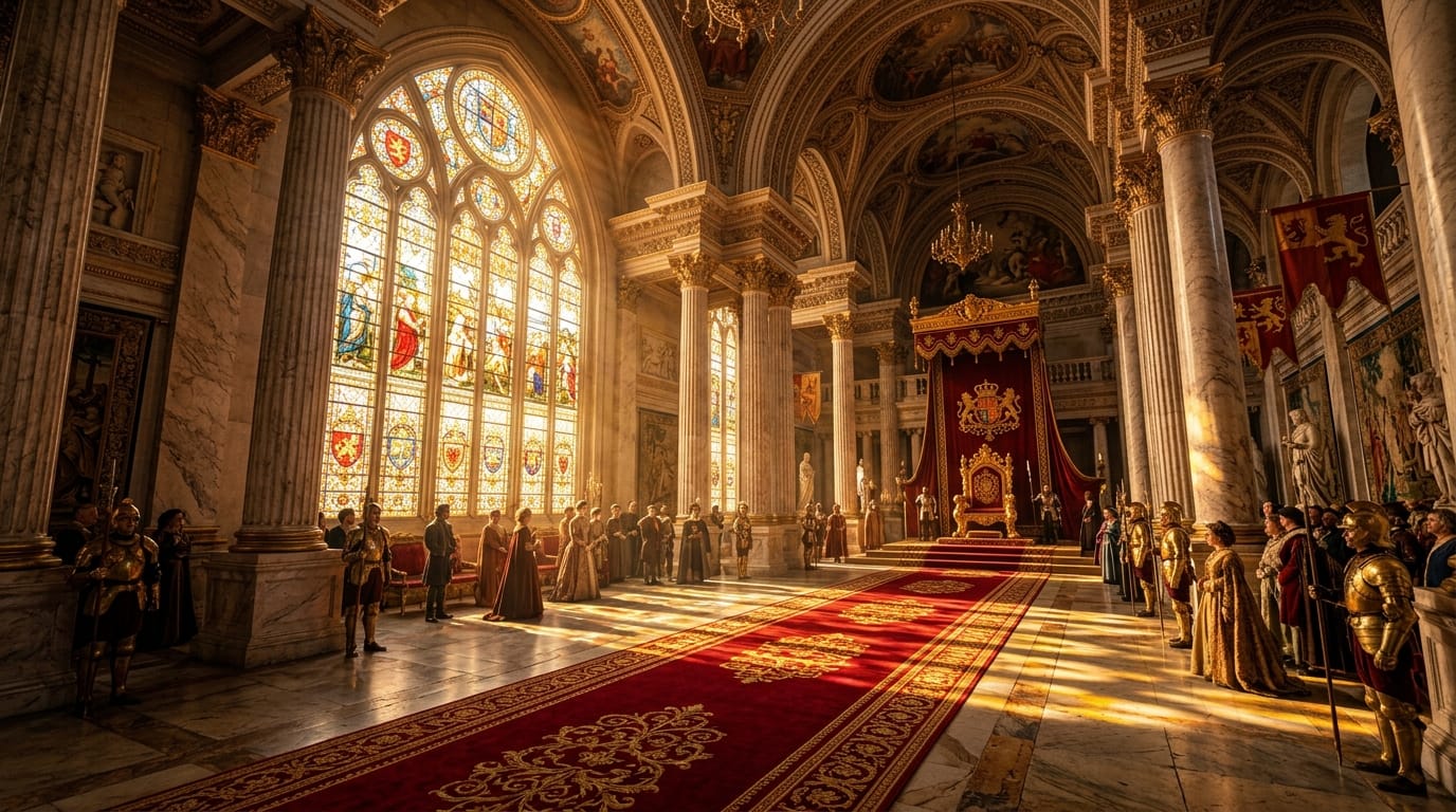 A grand royal throne room, towering marble pillars, red velvet carpets, large stained glass windows, golden afternoon sunlight casting long shadows, highly detailed fantasy interior, cinematic lighting