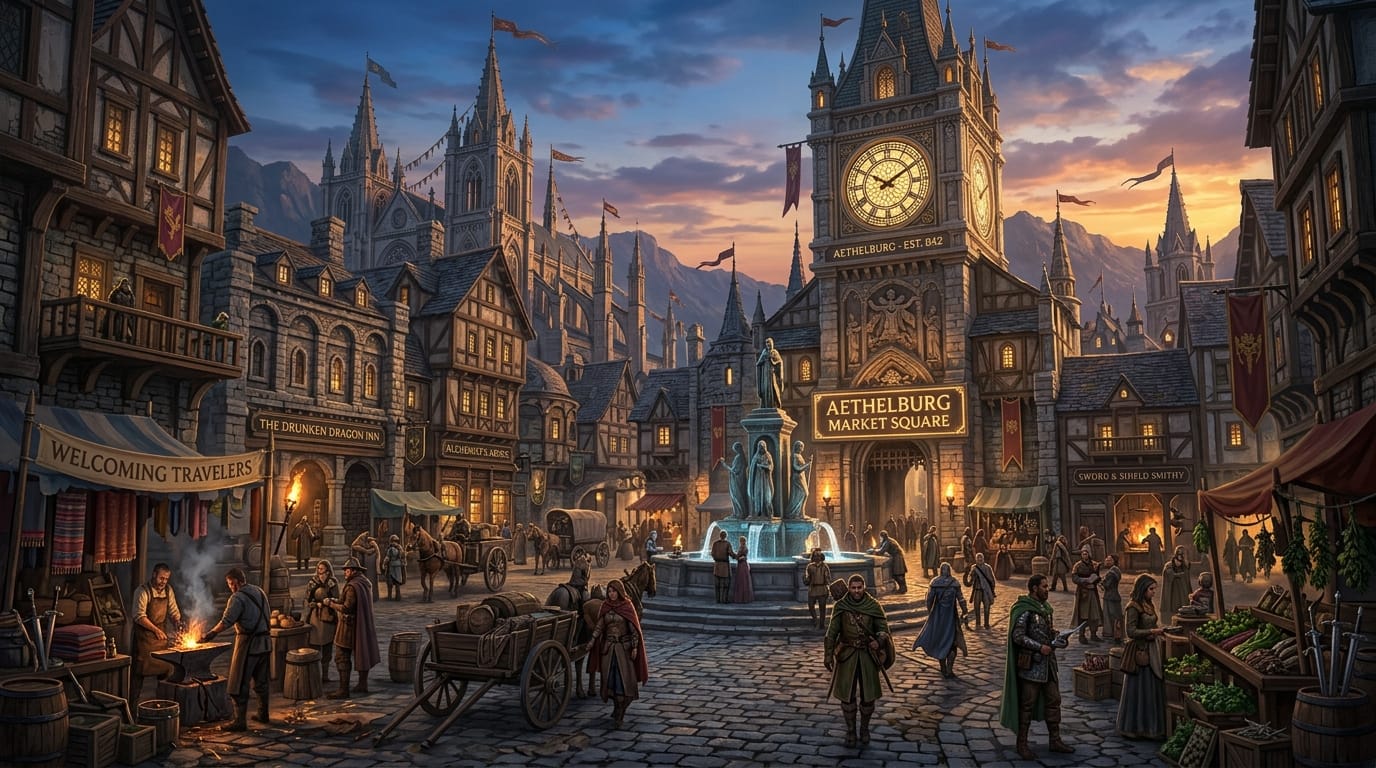A beautiful fantasy RPG town square, highly detailed concept art, cinematic lighting