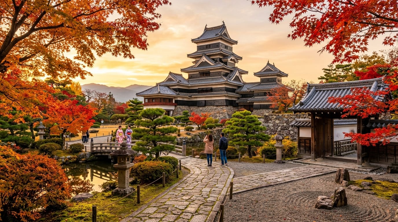 A traditional Japanese castle courtyard during autumn, vibrant red maple trees, stone pathways, soft golden hour lighting