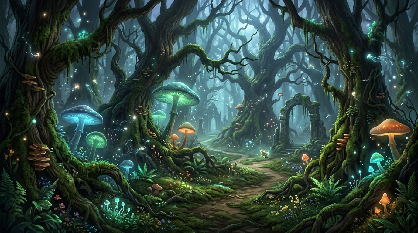 A mystical ancient forest with giant glowing mushrooms, thick moss covering the ground, ancient twisted trees, magical floating spores, soft ethereal lighting, fantasy RPG background, highly detailed concept art