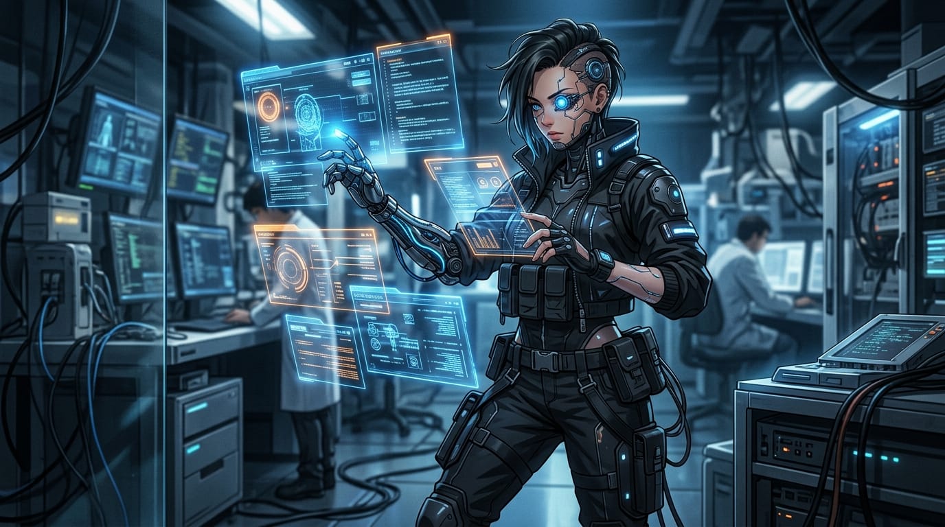 A futuristic cyborg character in a high-tech laboratory, wearing stylish techwear, holographic interfaces glowing in the background, anime style mixed with cinematic realism, dynamic lighting, sharp focus