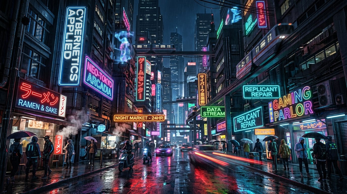 A futuristic cyberpunk city street at night, glowing neon signs with clear text, highly detailed, cinematic lighting, realistic textures, wet streets reflecting neon colors, dynamic angle