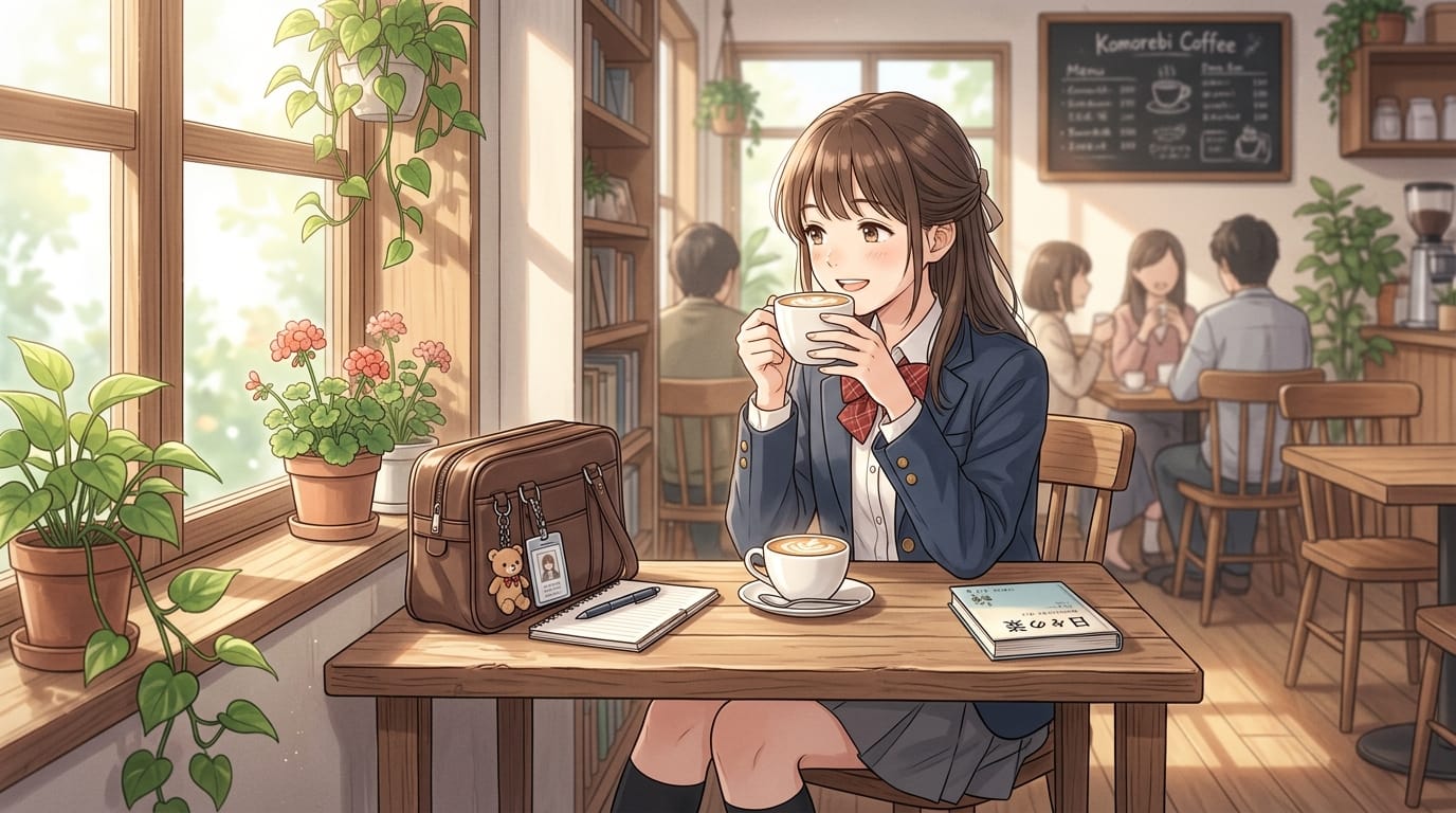 High school girl in uniform drinking coffee at a cafe, natural light from the window, slice-of-life anime style delicate drawing, warm pastel color tone