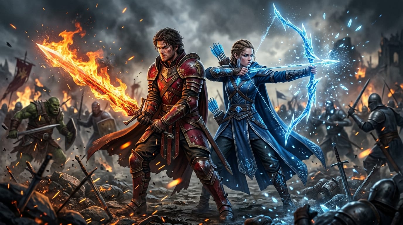 Two warriors standing back to back holding weapons, a young man in red armor with a flaming sword, a young woman in blue robes with an ice bow, intense battle scene, scattering sparks and ice crystals, dynamic composition, light reflections from visual effects