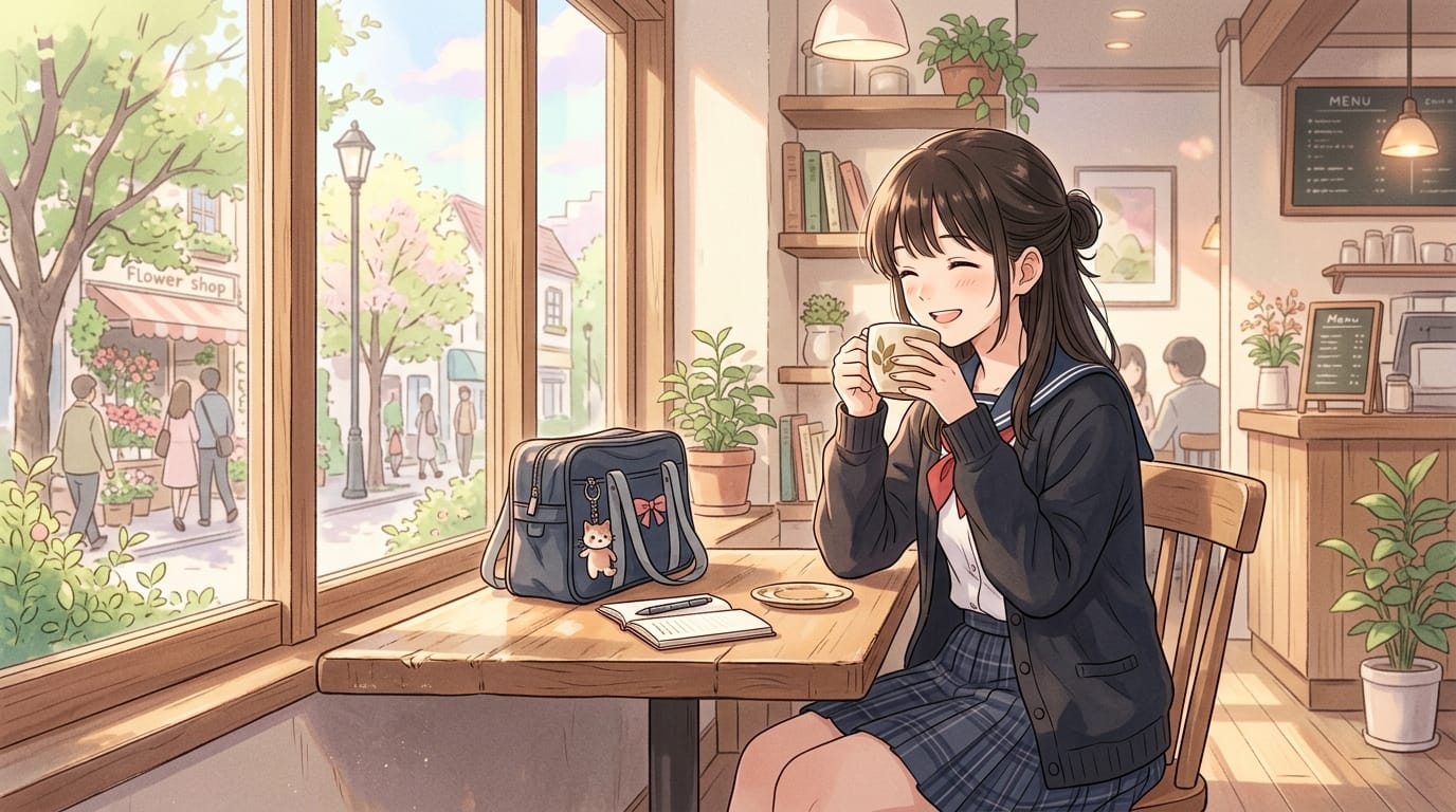 カフェでコーヒーを飲む制服姿の女子高生、窓からの自然光、日常アニメ風の繊細な描画、パステルカラーの温かみのあるトーン