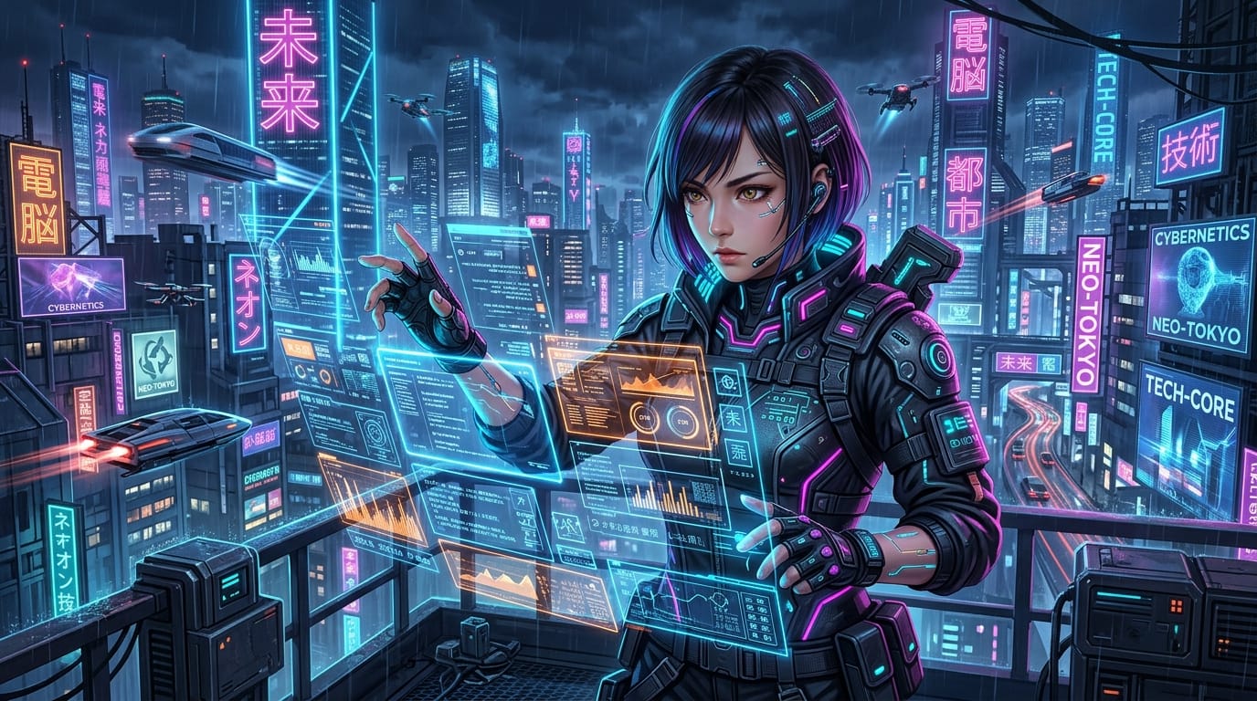 未来都市を背景にホログラムのディスプレイを操作するサイバーパンク風の女性キャラクター、ネオンライトの反射、情報量の多い背景、シャープな目の描写、高品質なコンセプトアート