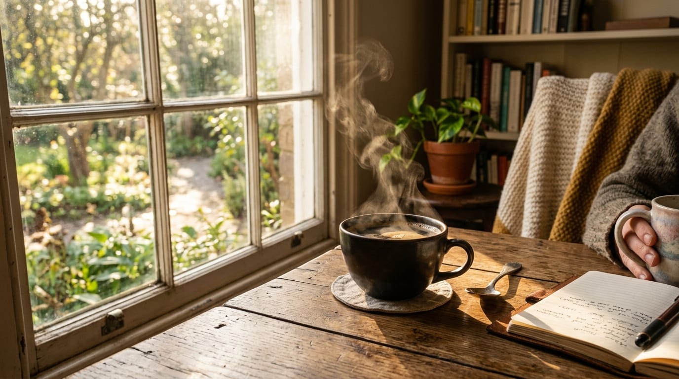 A steaming cup of coffee on a wooden table, morning sunlight streaming through a window, slow temporal change in lighting, warm and cozy atmosphere