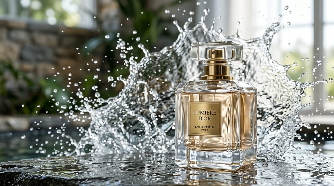 A cinematic high-quality product shot of an elegant glass perfume bottle, water splashing in the background, clear light reflections, 4k resolution, photorealistic